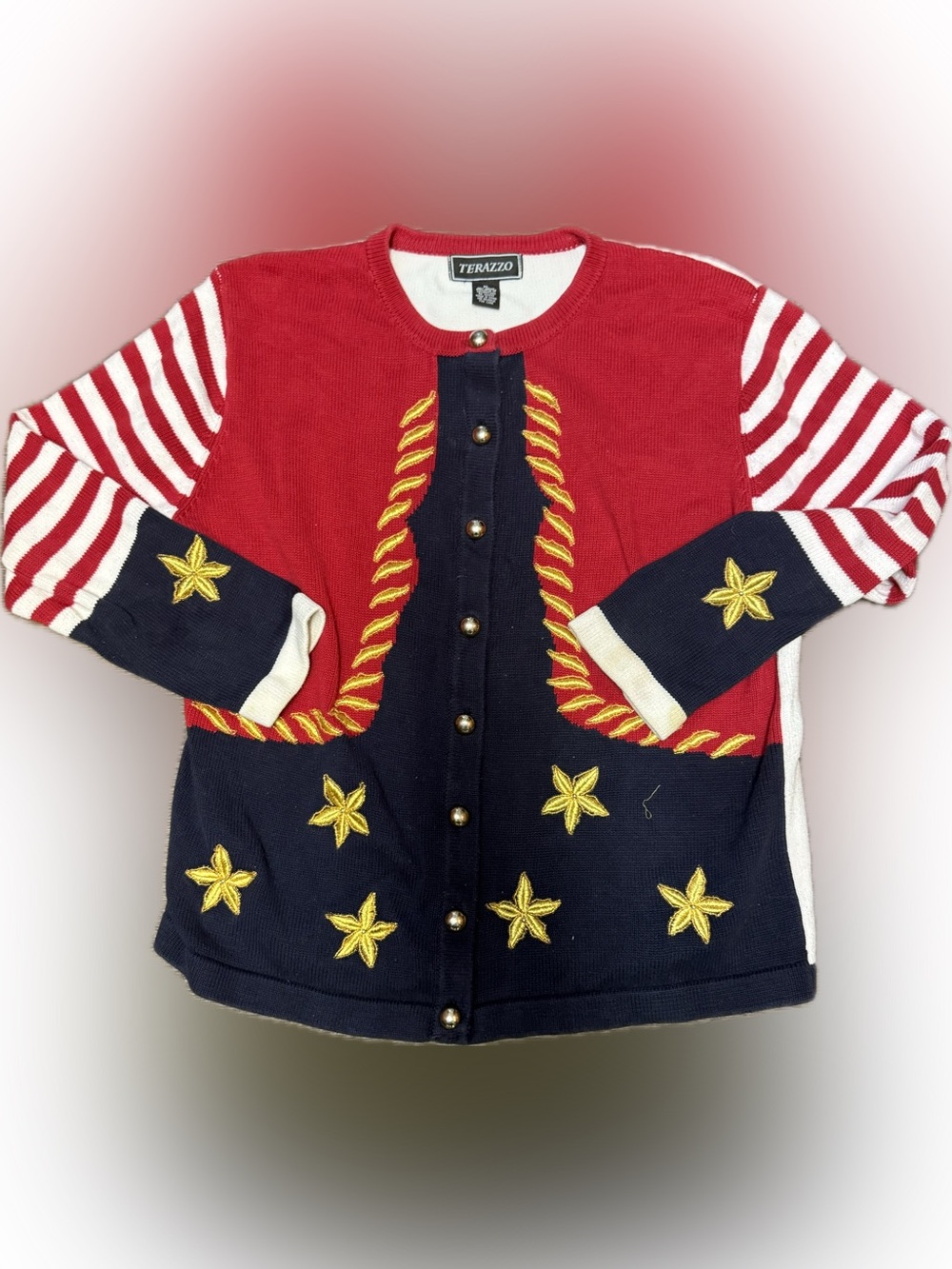 Terrazzo Patriotic Star Embroidered Cardigan - Red, Navy, White | Sz XL